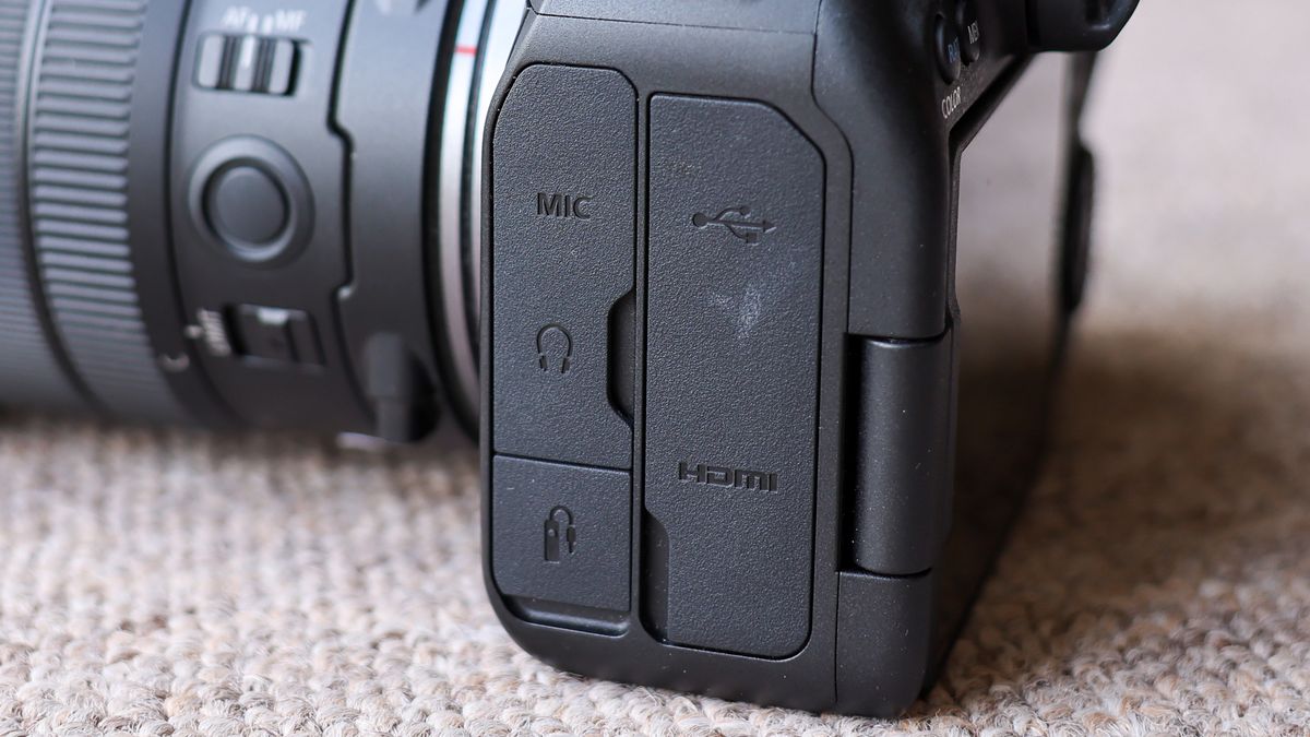 The left hand side of the Canon EOS R6 III, showing the connectivity panel for HDMI, USB-C and microphone utility.