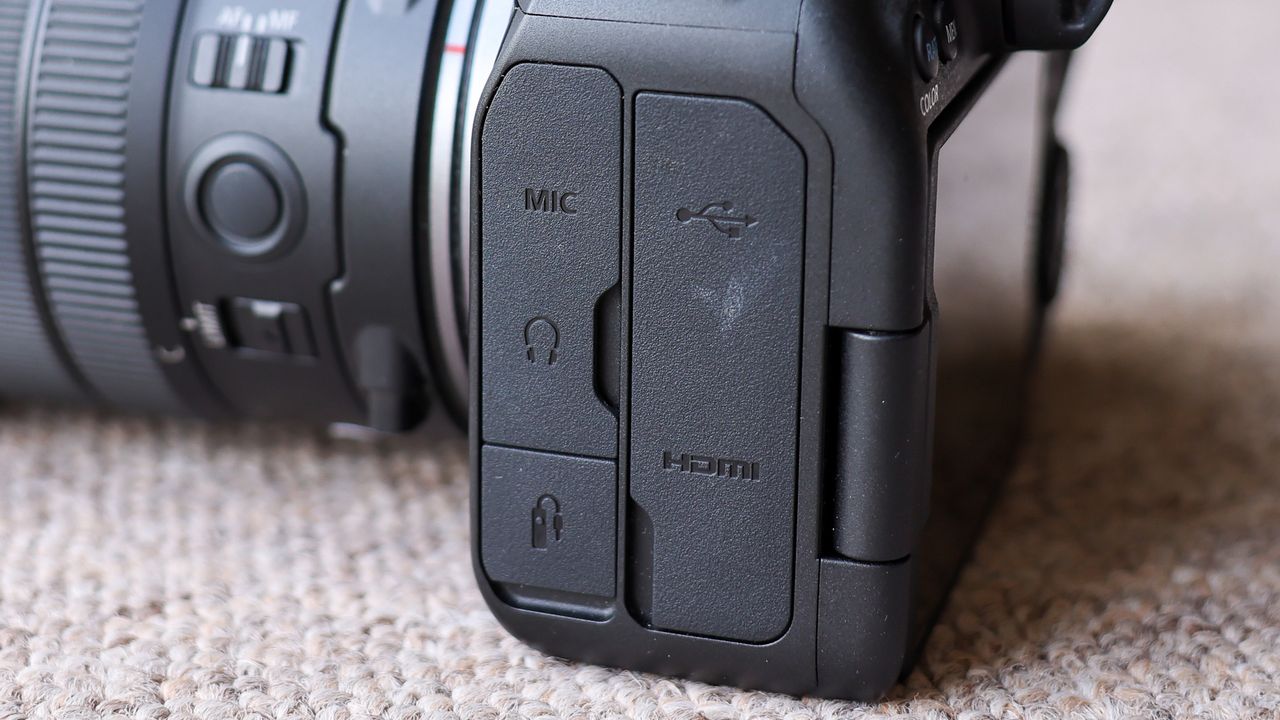 The left hand side of the Canon EOS R6 III, showing the connectivity panel for HDMI, USB-C and microphone utility.