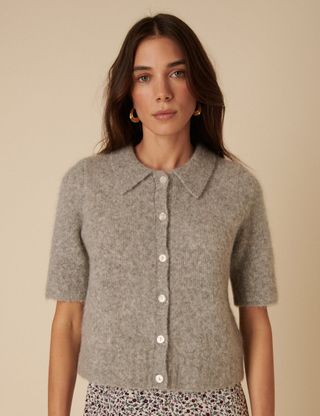 Grey Alpaca Wool Blend Short Sleeve Knitted Cardigan