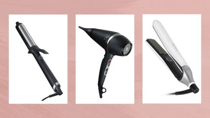 Collage of ghd hair tools (L-R) ghd Soft Curl Tong, Air Hair Dryer and Chronos Straighteners, on a pink background