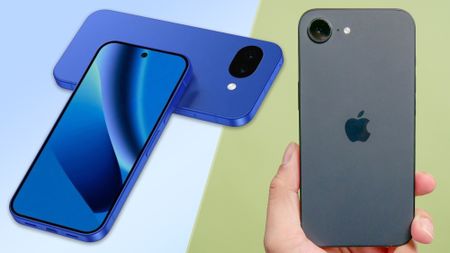 A leak-based render of the Google Pixel 10a in a split image with a photo of the iPhone 16e