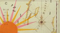 Illustrative collage of a map of the Baltic, a graphic image of the Sun, and a thermometer with sweat drops around it.