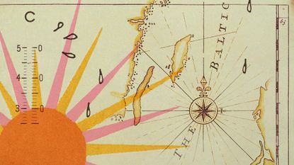 Illustrative collage of a map of the Baltic, a graphic image of the Sun, and a thermometer with sweat drops around it.