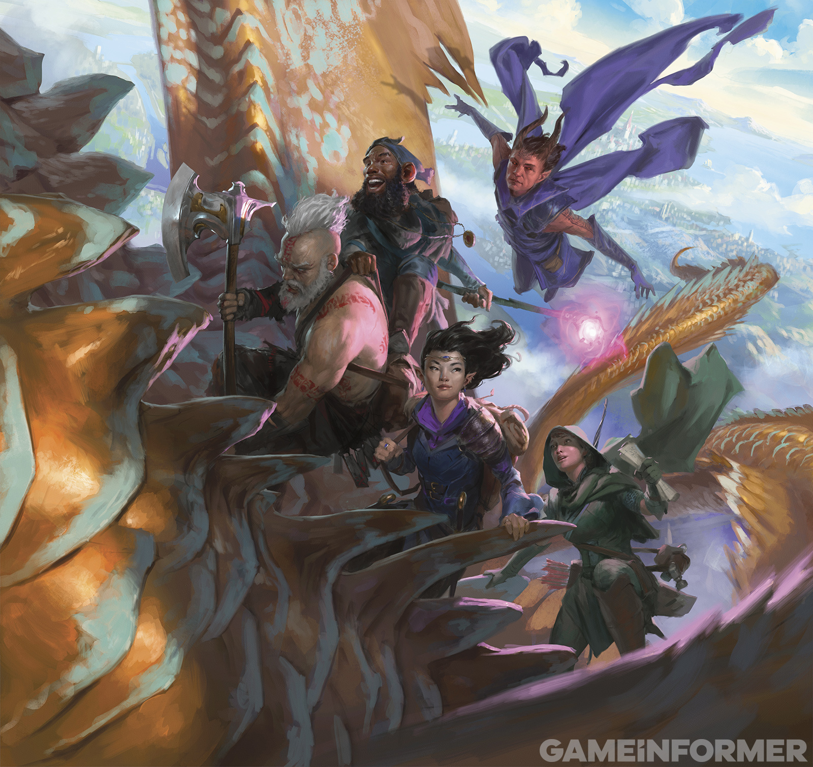 A band of adventurers flying on the back of a dragon in artwork from the Game Informer reveal