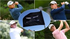 Four golfers pictured and a golf flag