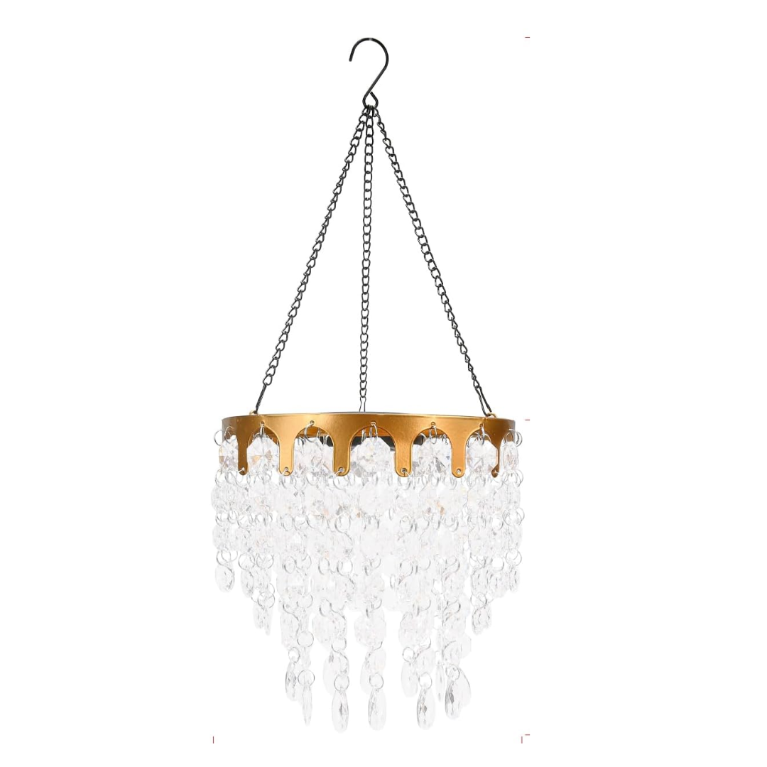 Solar Powered Hanging Chandelier Gold Metal Frame Acrylic Crystal Waterproof Outdoor Hanging Light for Patio, Wedding, Party, Garden Decor Rechargeable Led Pendant Lamp