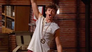Drew winning Power of Veto and getting off the Block in Big Brother 28. His hair moves as he celebrates.