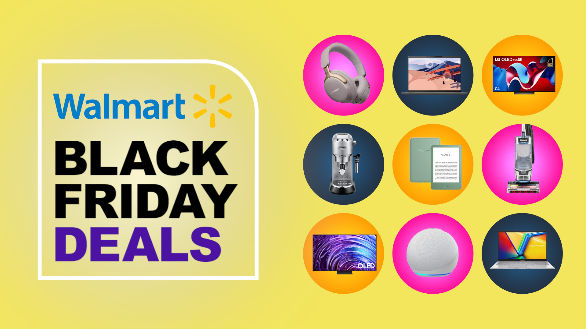 Assorted products on yellow background with Walmart Black Friday deals text overlay