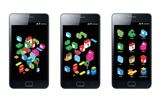 TransFoner, an interface for Android phones that re-imagines apps as a kit of parts in constant transformation