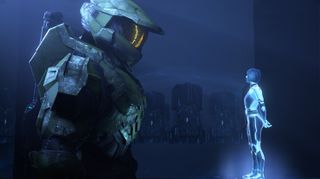 Master Chief John-117 seeks advice from Cortana, his AI assistant in a screengrab from "Halo Infinite."