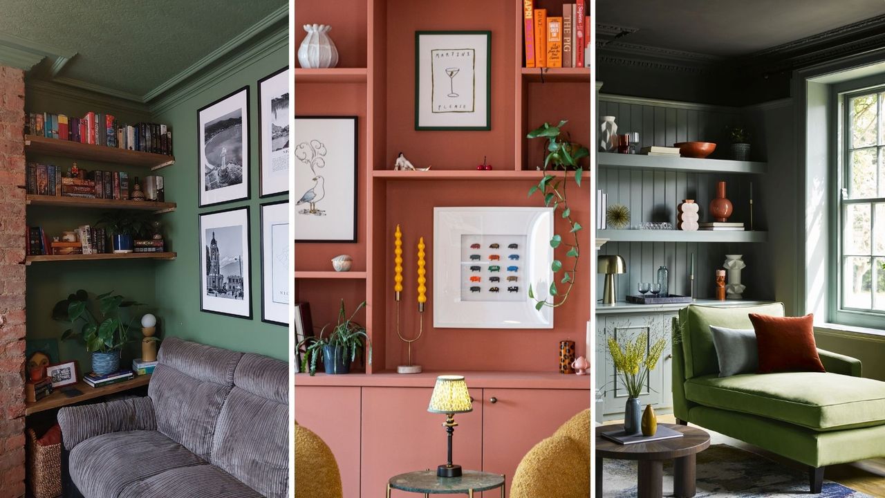 three images of living rooms with bespoke shelving to show the one thing missing from your living room