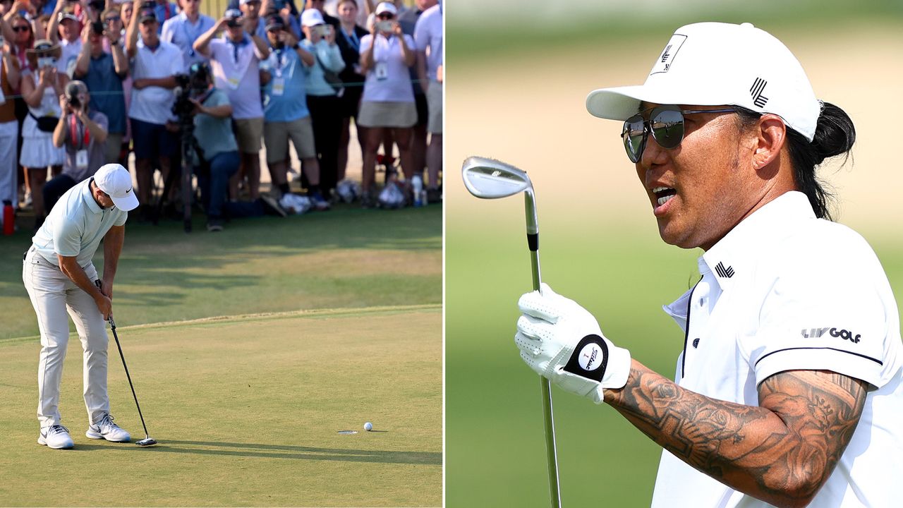 Rory McIlroy misses a short putt, Anthony Kim watches on