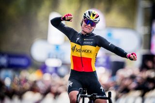 Belgian Lotte Kopecky of SD Worx celebrates as she crosses the finish line to win the womens race of the Ronde van Vlaanderen Tour des Flandres Tour of Flanders one day cycling event 1586km from and to Oudenaarde Sunday 03 April 2022 BELGA PHOTO JASPER JACOBS Photo by JASPER JACOBS BELGA MAG Belga via AFP Photo by JASPER JACOBSBELGA MAGAFP via Getty Images