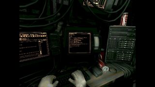 Image from horror game split by Mike Klubnika of a glowing orange computer terminal in a grungy room.