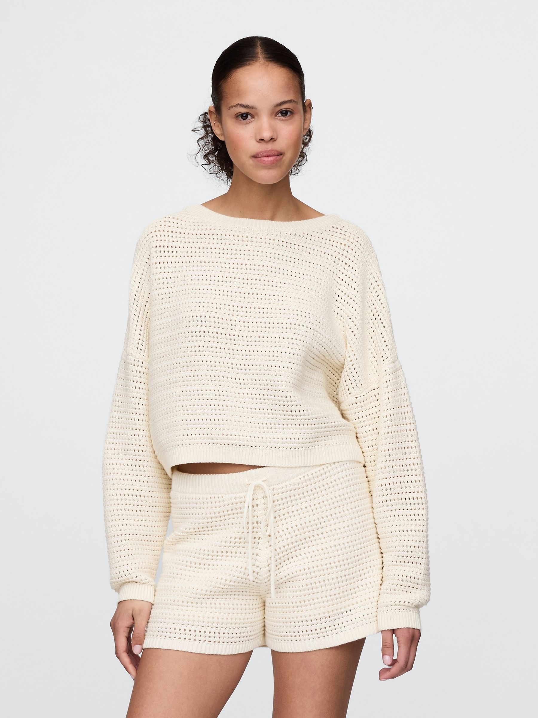 Cream Crochet Cropped Boatneck Jumper