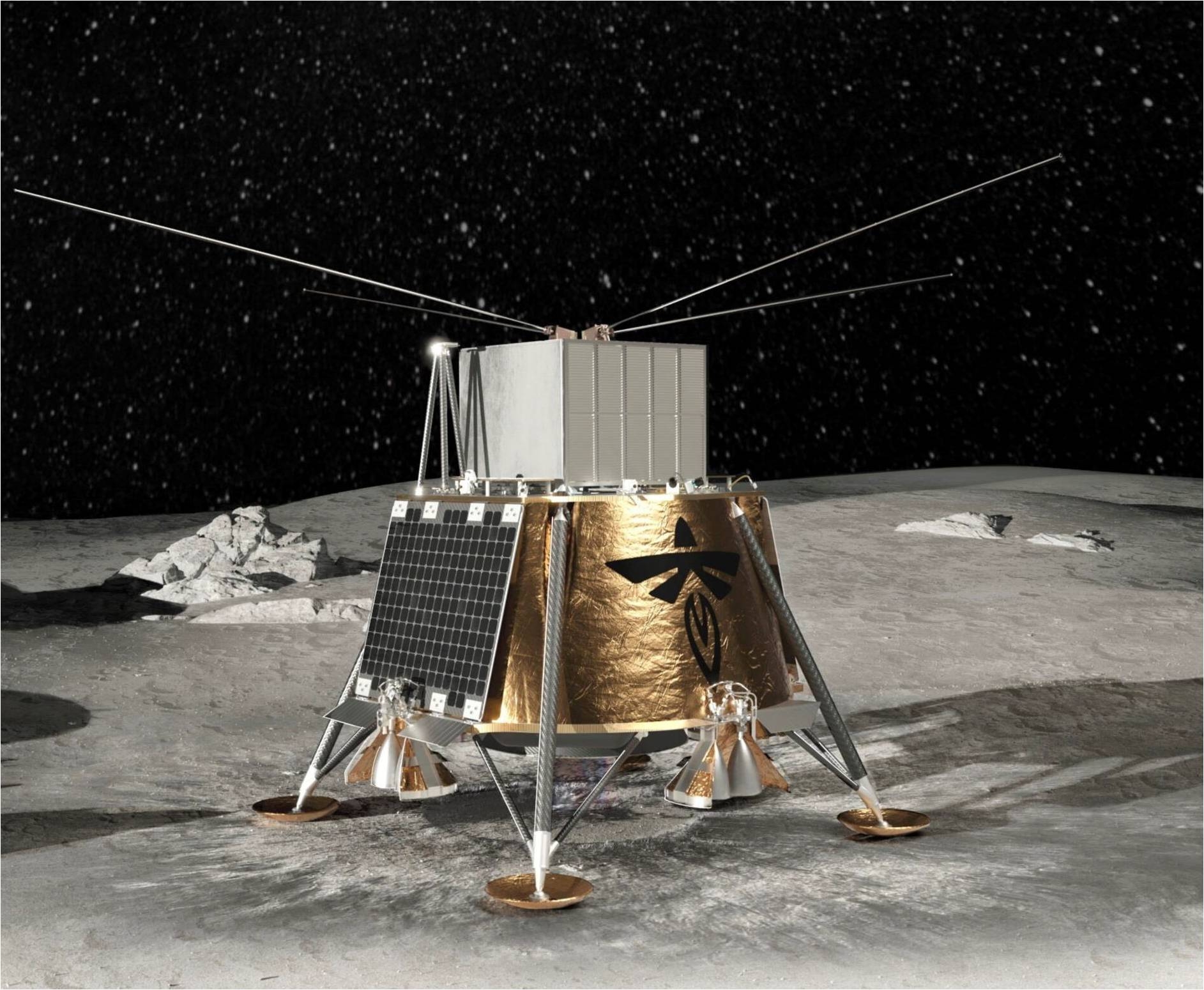 a cube-shaped spacecraft covered in gold foil on the surface of the moon