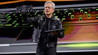 Nvidia CEO with GeForce RTX 50-series GPU