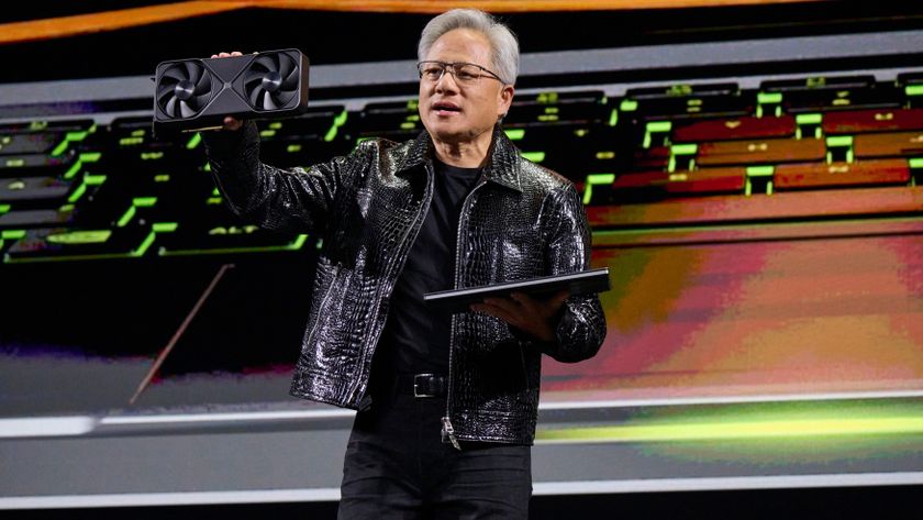 Nvidia CEO with GeForce RTX 50-series GPU