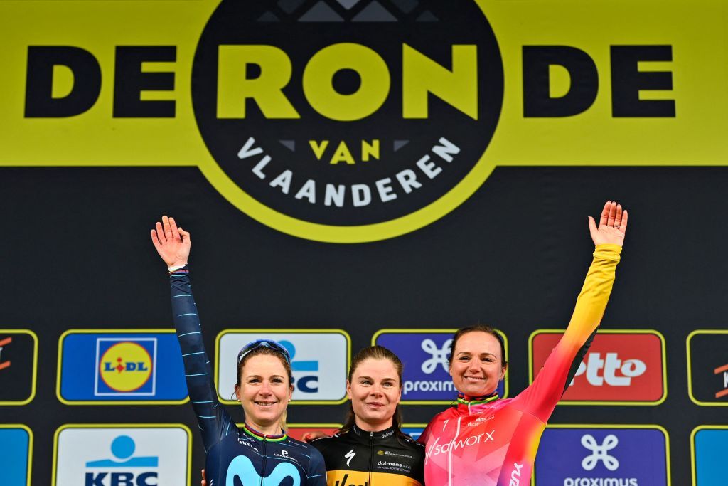 Annemiek van Vleuten (Movistar Team), Lotte Kopecky (Team SD Worx) and Chantal van den Broek-Blaak (SD Worx)