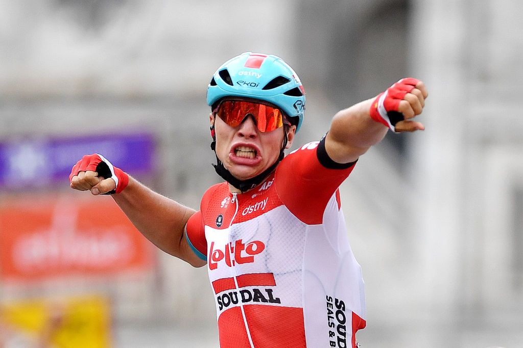 ROCHEFORT BELGIUM JULY 25 Arnaud De Lie of Belgium and Team Lotto Soudal celebrates winning during the 43rd Ethias Tour de Wallonie 2022 Stage 3 a 1956km stage from Vis to Rochefort ethiastourdewallonie22 on July 25 2022 in Rochefort Belgium Photo by Luc ClaessenGetty Images