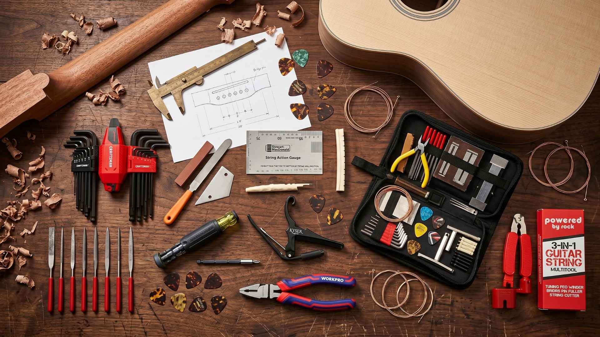 A selection of guitar tools on a wooden workbench