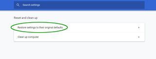 'Restore settings to their original defaults' highlighted in the Google Chrome settings page.