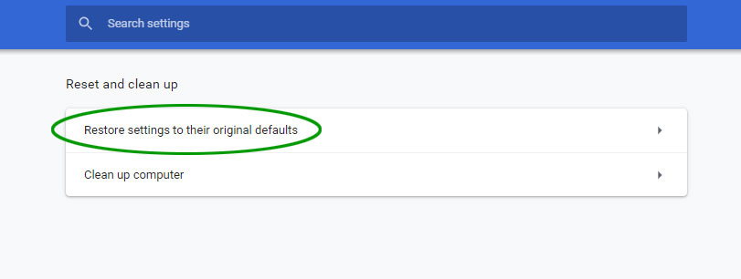 'Restore settings to their original defaults' highlighted in the Google Chrome settings page.