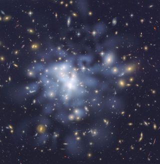 This NASA Hubble Space Telescope image shows the distribution of dark matter in the center of the giant galaxy cluster Abell 1689, containing about 1,000 galaxies and trillions of stars.