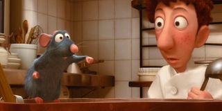 Remy in the kitchen cooking in Ratatouille.