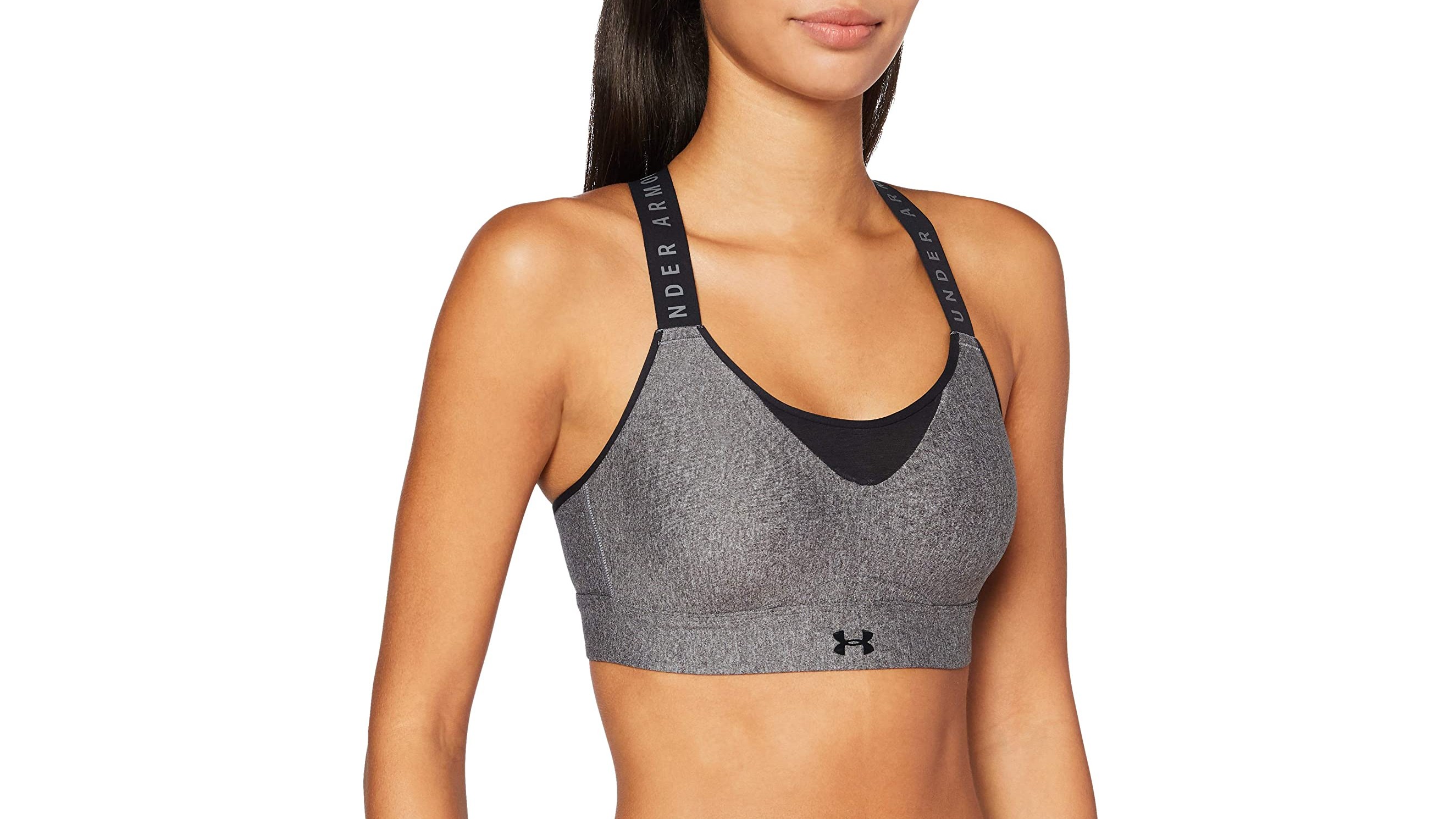 Model wearing Under Armor Infinity High sports bra