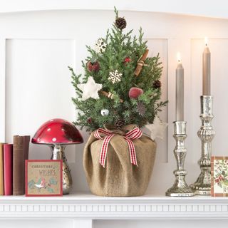 Small potted Christmas tree to a mantelpiece