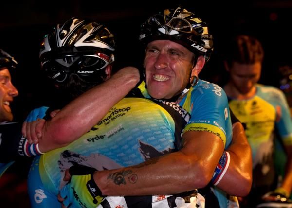Team Mountain Khakis-SmartStop's Adam Myerson and Luke Keough after Luke's win at the Terrapin Twilight Criterium