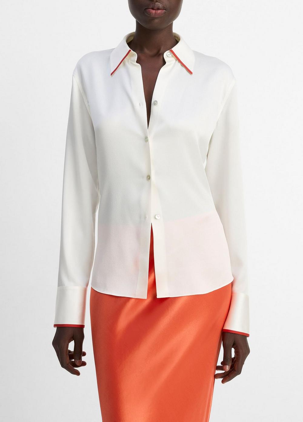 Tipped Silk Button-Front Blouse