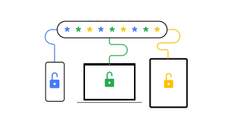 An abstract image of three devices with open padlocks on their screens connected to a series of asterisks representing a password