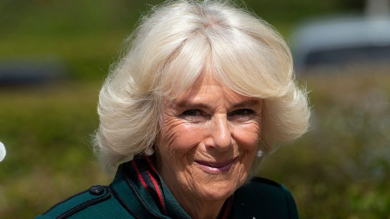 Duchess Camilla of Cornwall , Colonel-in-Chief of The Rifles, undertakes her first visit to 5th Battalion The Rifles, following her new appointment as Colonel-in-Chief on May 7, 2021 in Bulford, Wiltshire