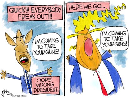 Political cartoon U.S. Trump gun control pivot Obama