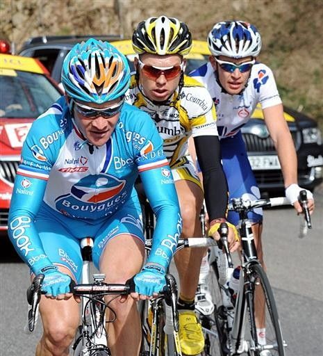 Thomas Voeckler (Bbox Bouygues Telecom) leads the day's successful breakaway ahead of Tony Martin (Columbia-Highroad) and Jeremy Roy (FdJ)