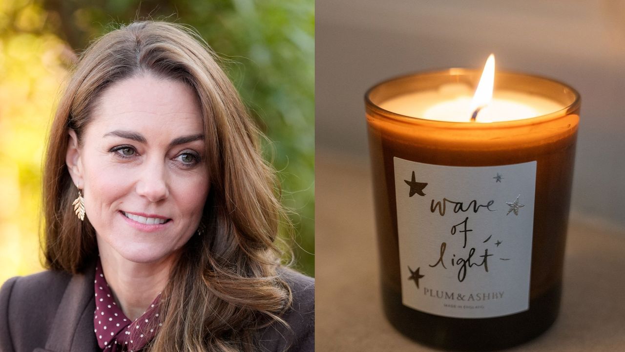 Kate Middleton wearing a brown coat and smiling and a photo of a lit candle