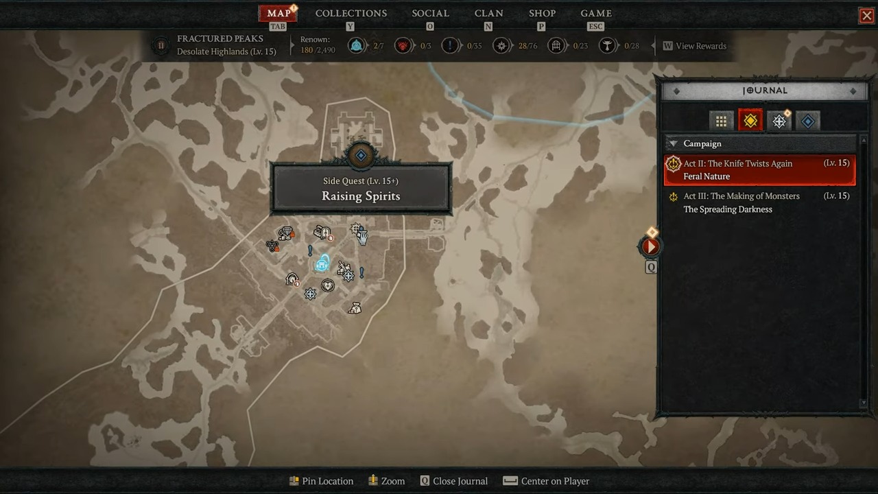 Mapa mostrando a localização da missão Raising Spirits em Diablo 4