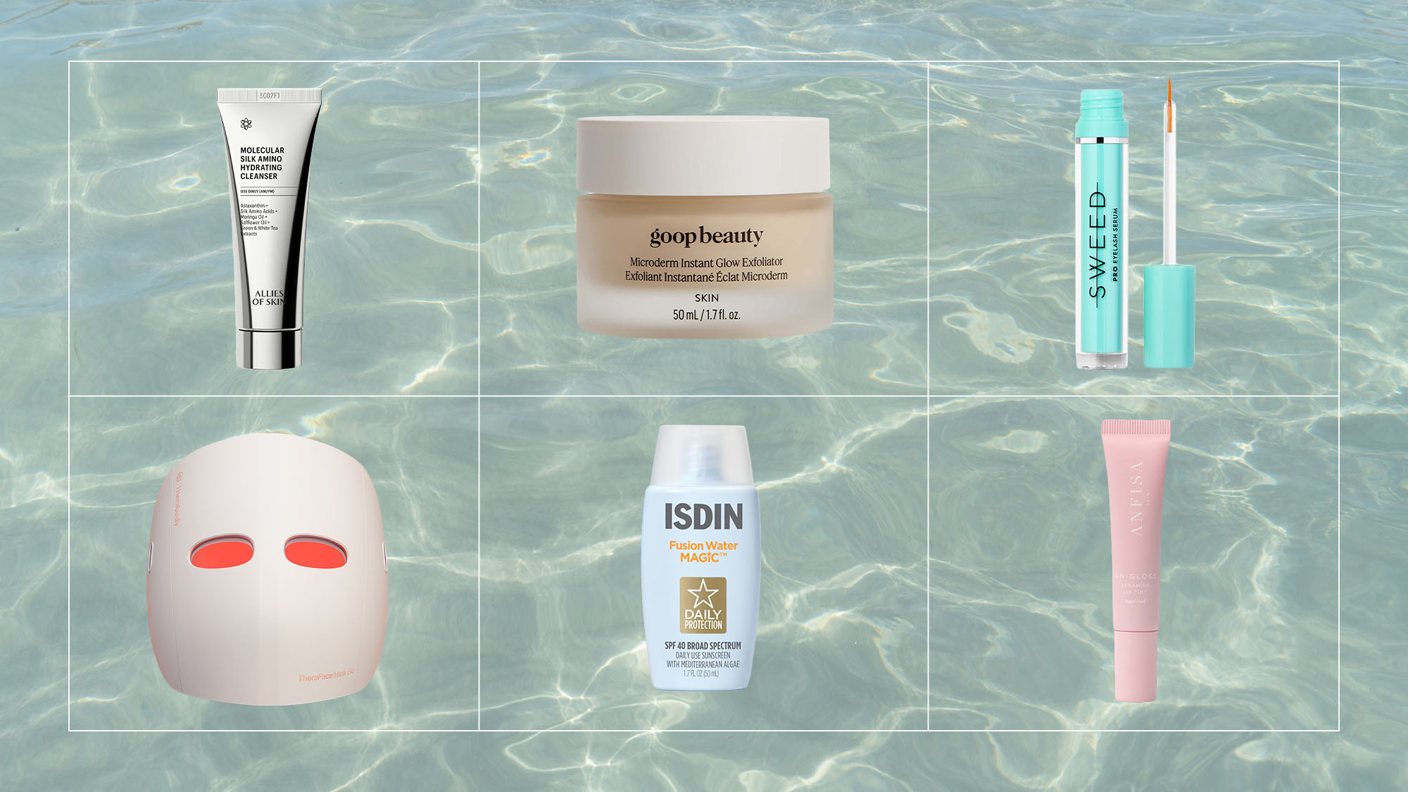 Collage of skincare products on a rippling water background