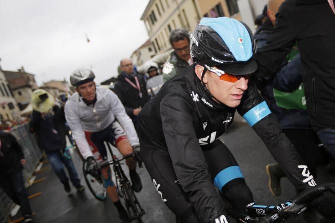 Bradley Wiggins (Sky) at the finish line in Treviso