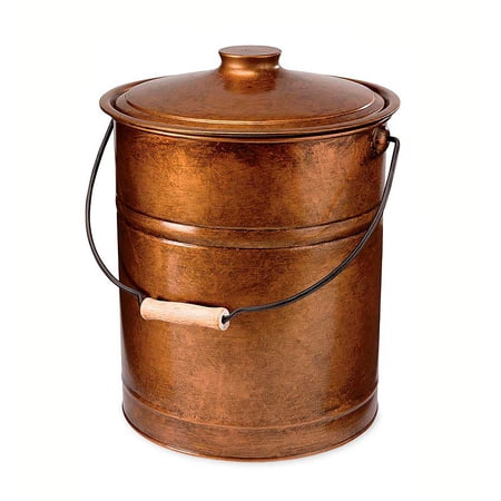 Plow &amp;amp; Hearth 3 Gallon Copper Large Ash Bucket With Lid and Wood Handle 28 Gauge Galvanized Iron Metal Tool Fireplaces Fire Pits Burning Stoves