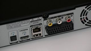 A picture of the back panel of the Humax YouView DTR-T1010 showing its connection options