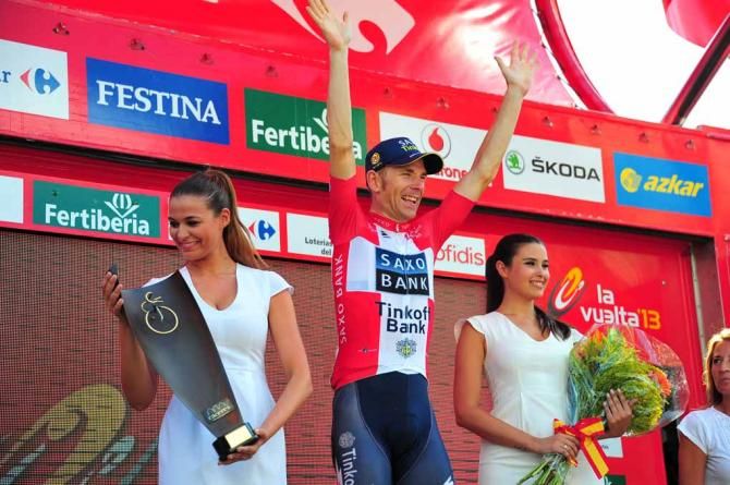Michael M&oslash;rk&oslash;v (Saxo-Tinkoff) celebrates on the podium.