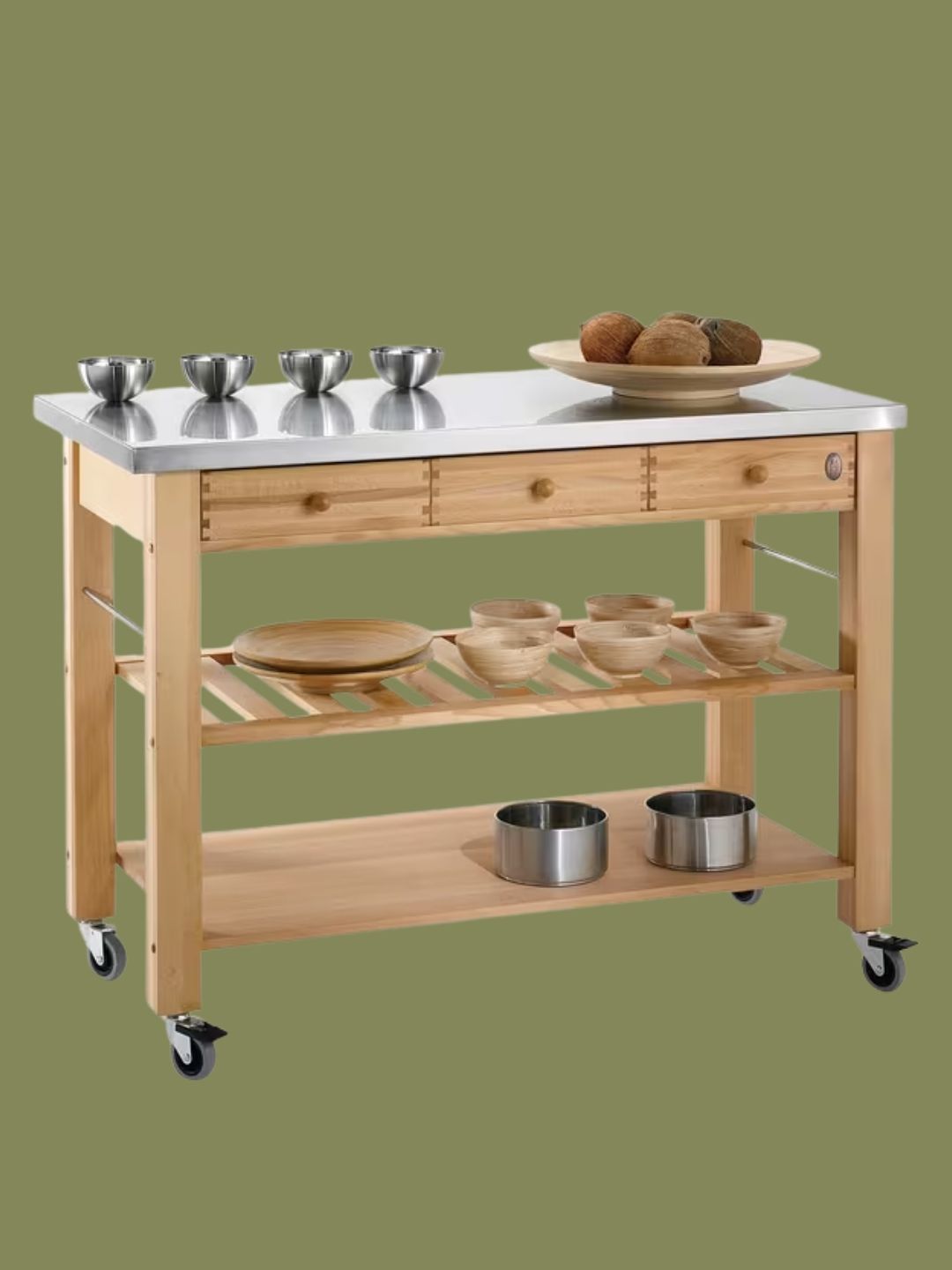 Eddingtons, Eddingtons Lambourn 3 Drawer Beech Wood Butchers Trolley With Stainless Steel Top