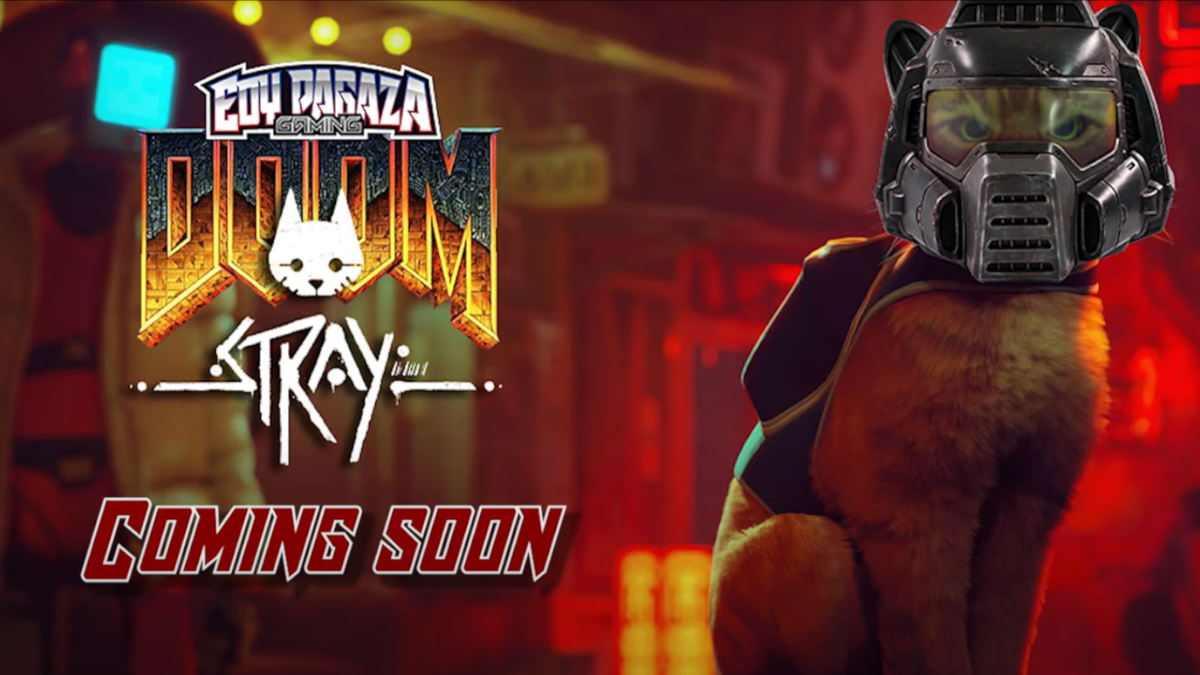 Cat from Stray wearing Doomguy&#039;s helmet next to Doom logo with a cat face on it