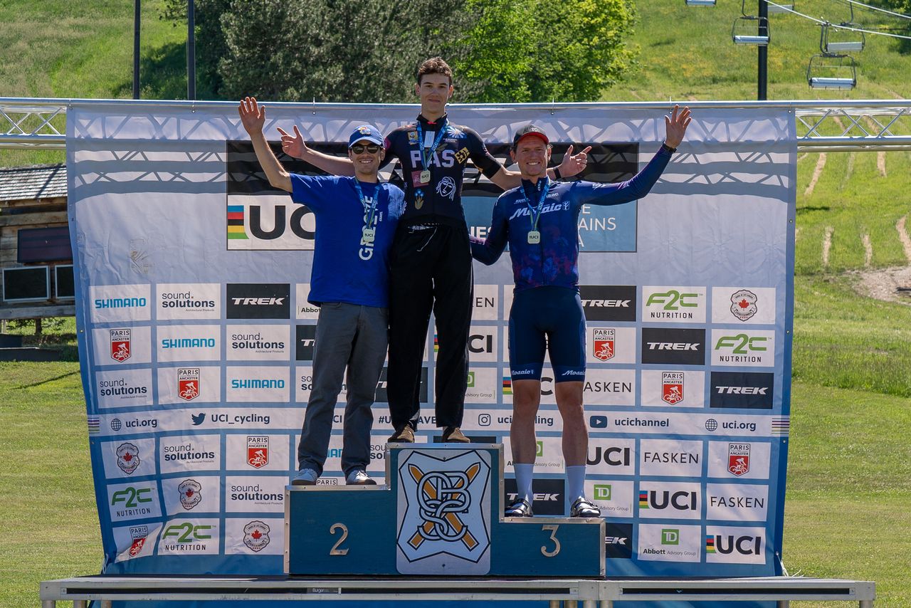 Elite men's podium at 2024 Blue Mountains Gravel Fondo long course, part of UCI Gravel World Series