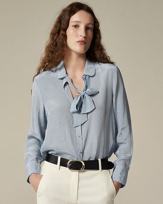 Tie-Neck Button-Up Shirt in Striped Crepe De Chine