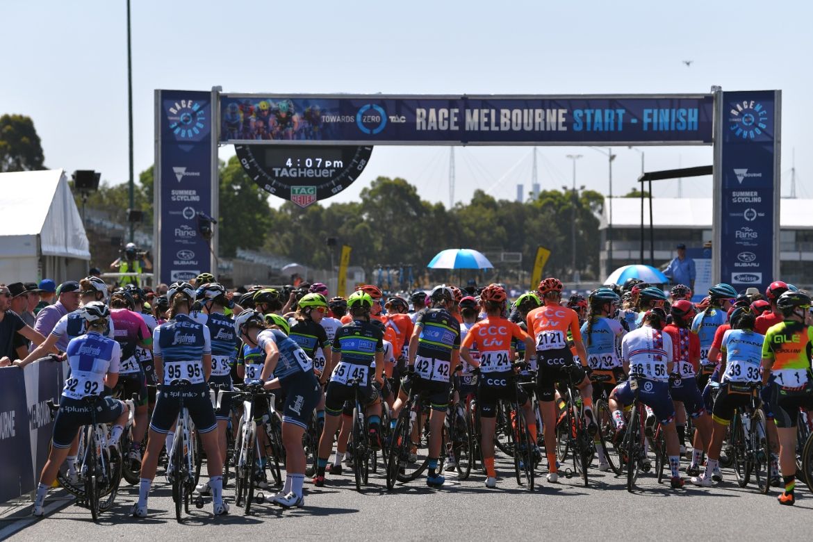 The riders line up on the start line