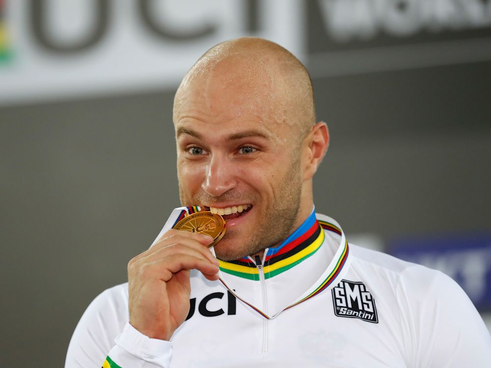 Denis Dmitriev (Russia) celebrates his win in the men's sprint at the 2017 UCI Track Worlds